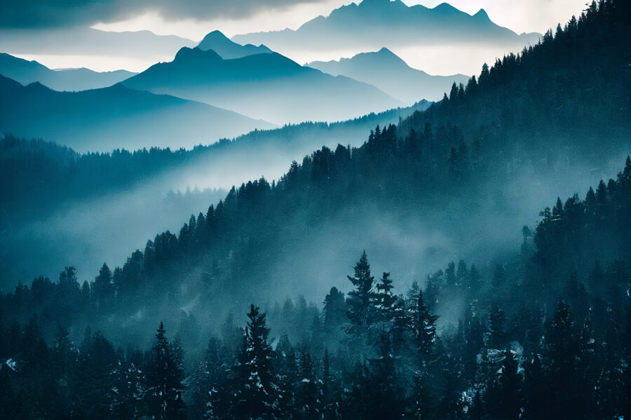 Mountain range with trees and fog Mountain range with trees and fog