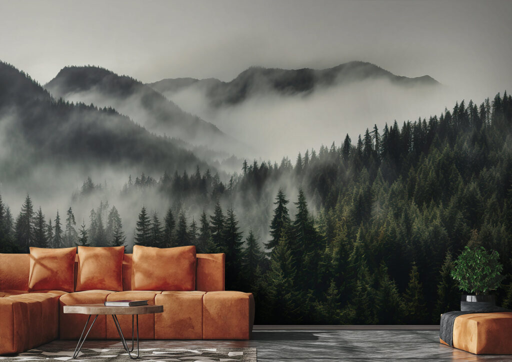 Forest with fog and mountains