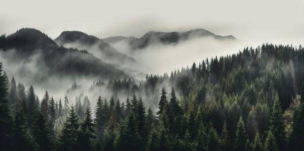 Forest with fog and mountains