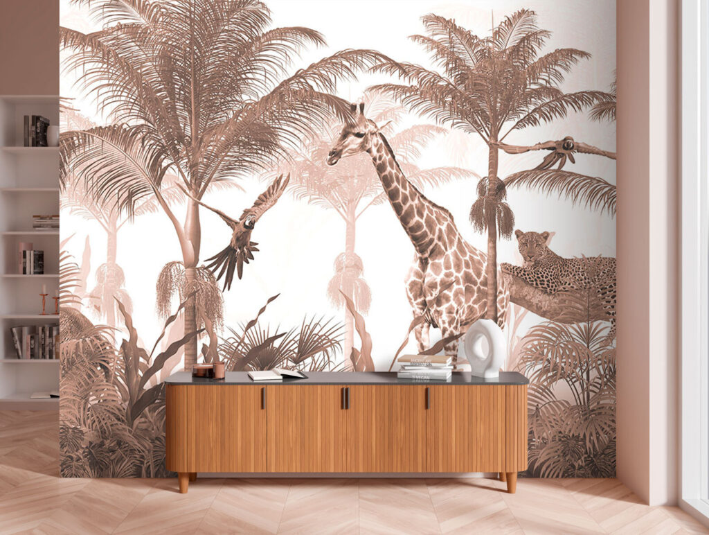 Giraffes and a parrot in a forest