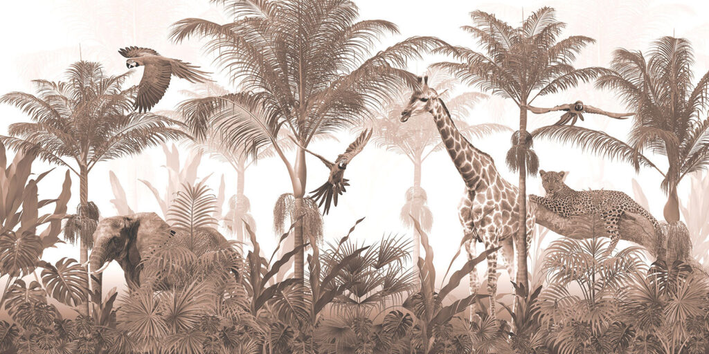 Giraffes and a parrot in a forest Giraffes and a parrot in a forest