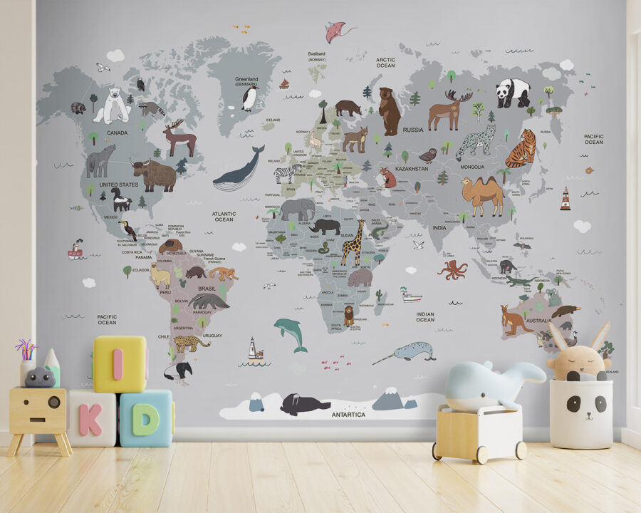 Map of the world with animals