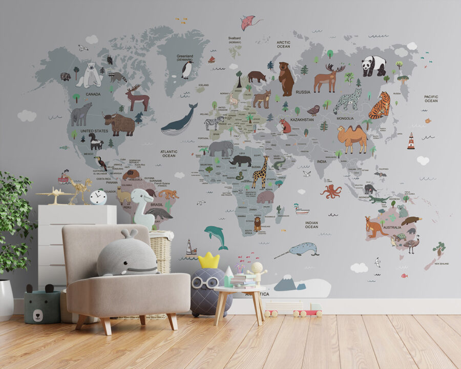 Map of the world with animals