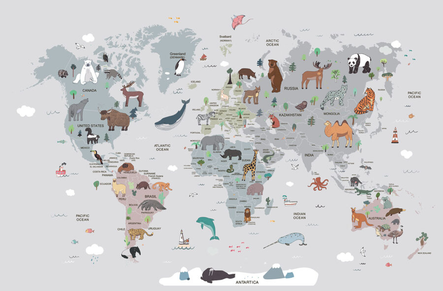 Map of the world with animals