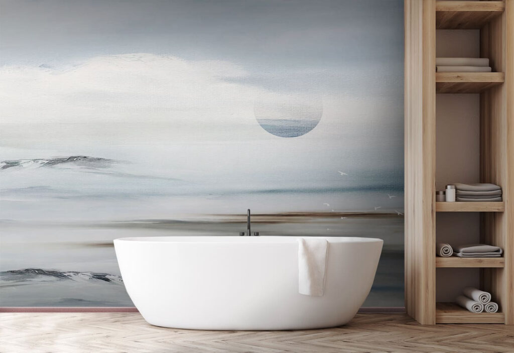 A landscape with birds flying over the horizon