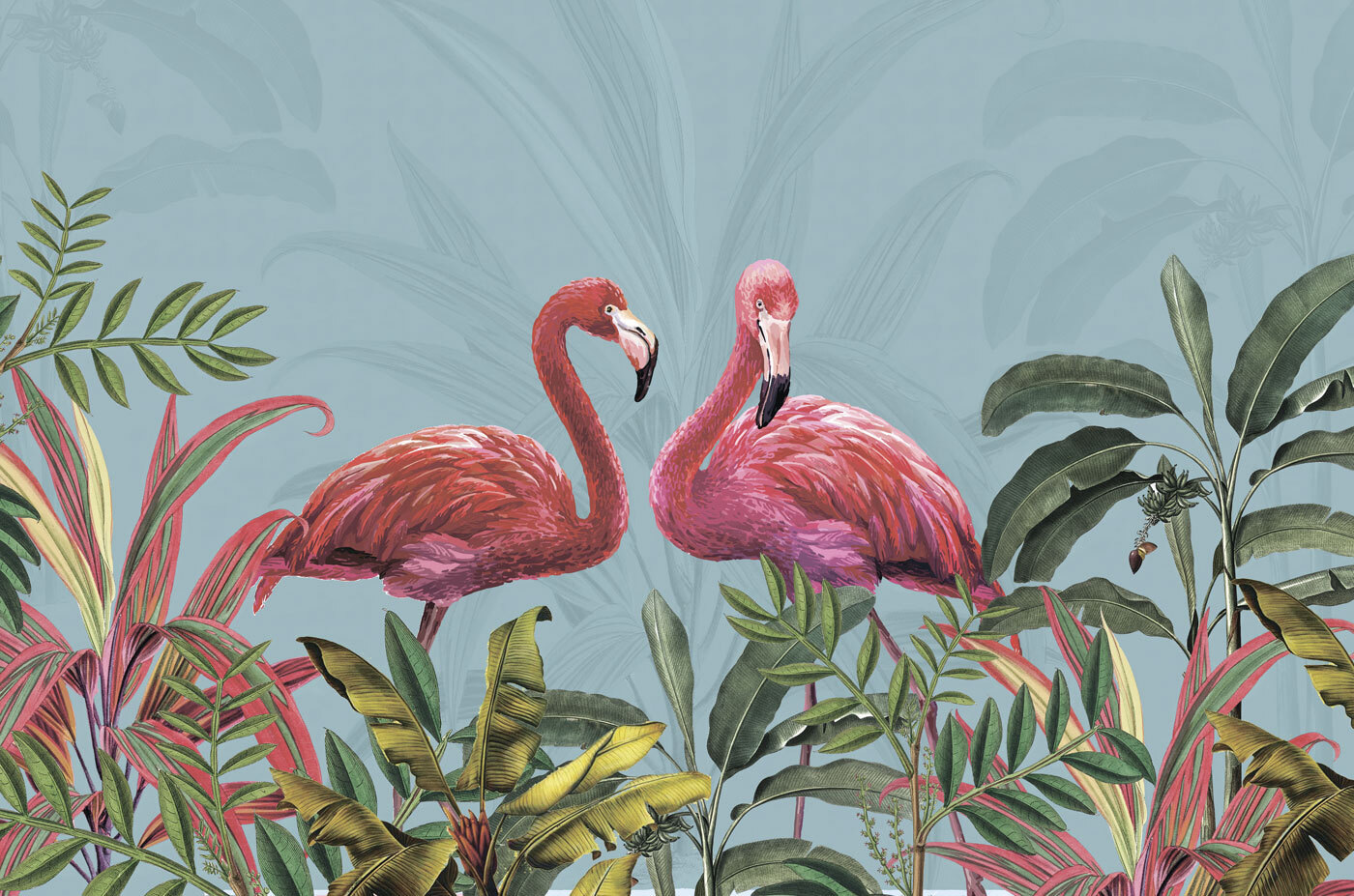 Two pink flamingos and green leaves Two pink flamingos and green leaves
