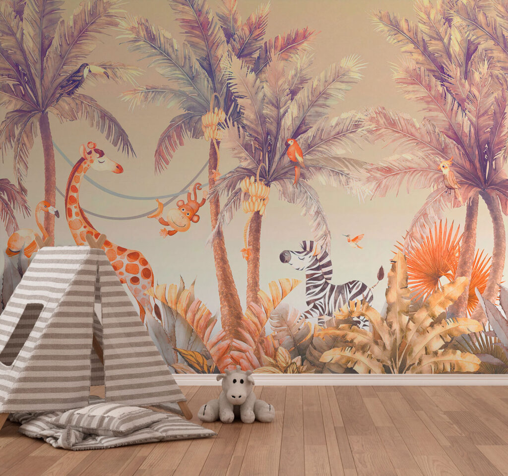 Giraffe and zebra in a jungle