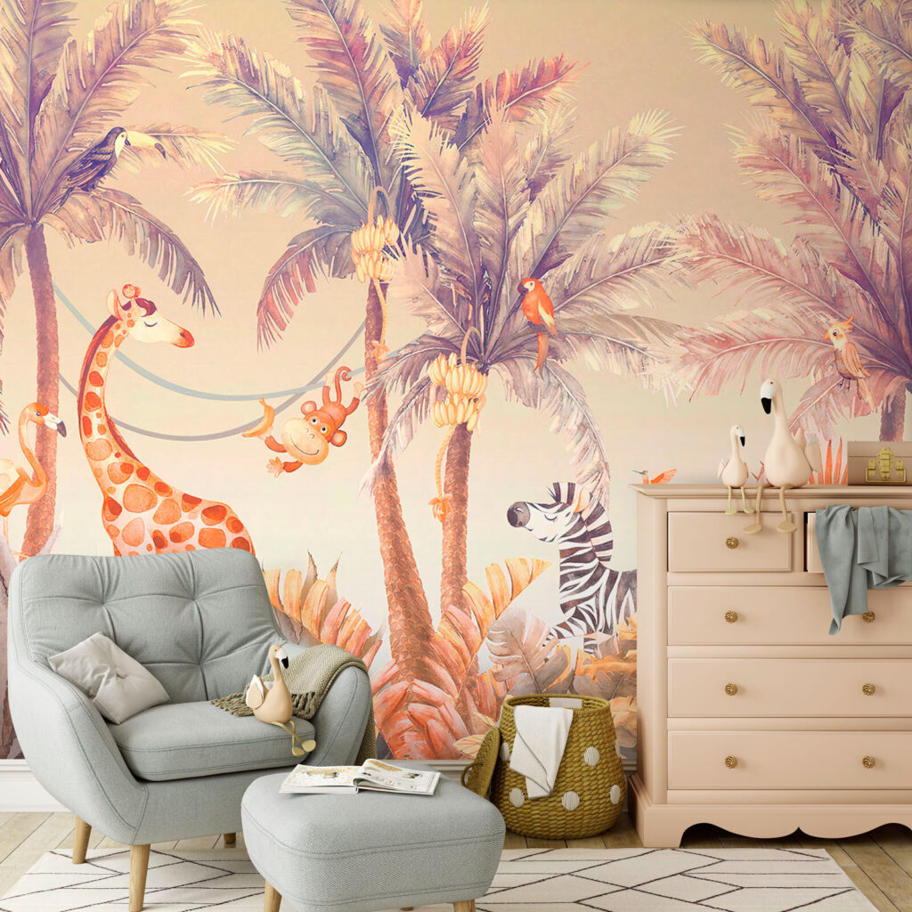 Giraffe and zebra in a jungle