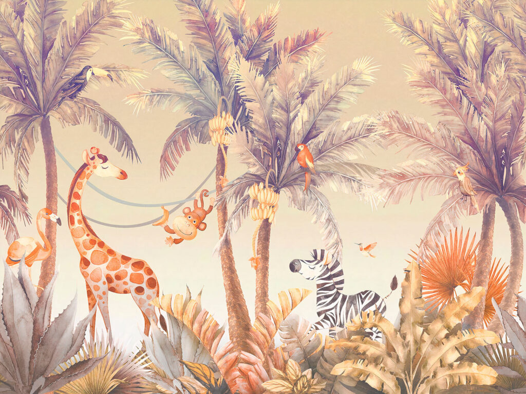Giraffe and zebra in a jungle