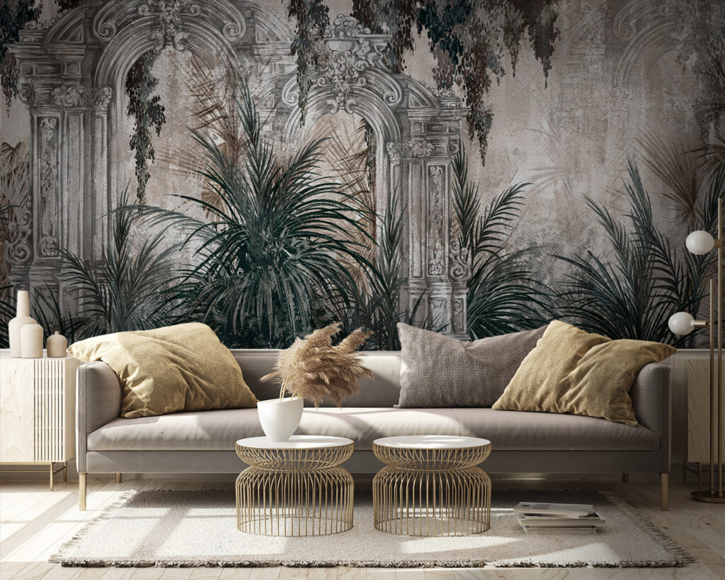 Painting of a stone arch with plants Painting of a stone arch with plants