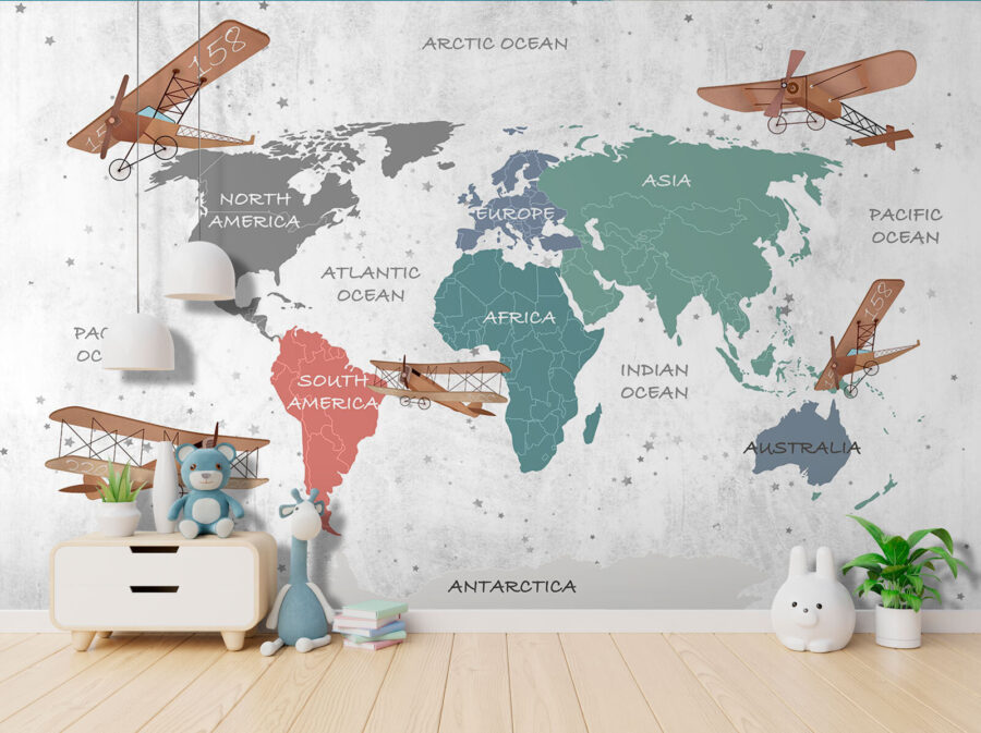 Map of the world with airplanes