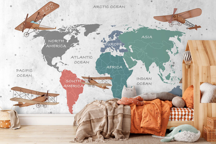 Map of the world with airplanes