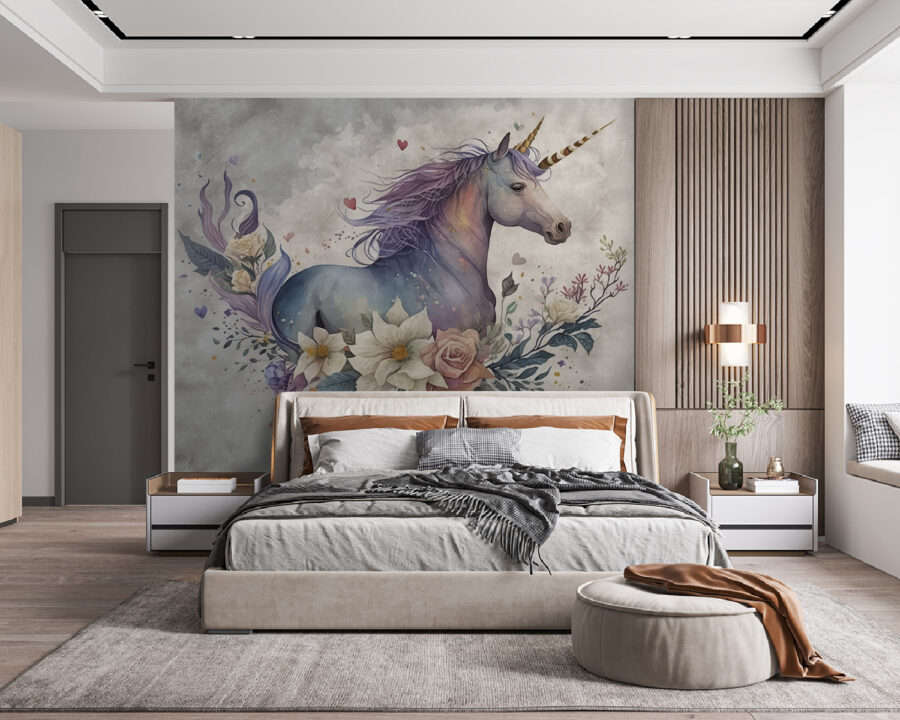 Wall murals A unicorn with flowers and leaves - Image 5