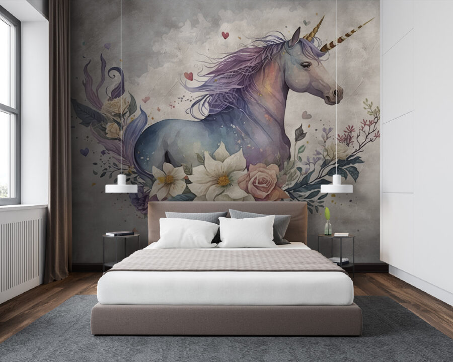 Wall murals A unicorn with flowers and leaves - Image 4