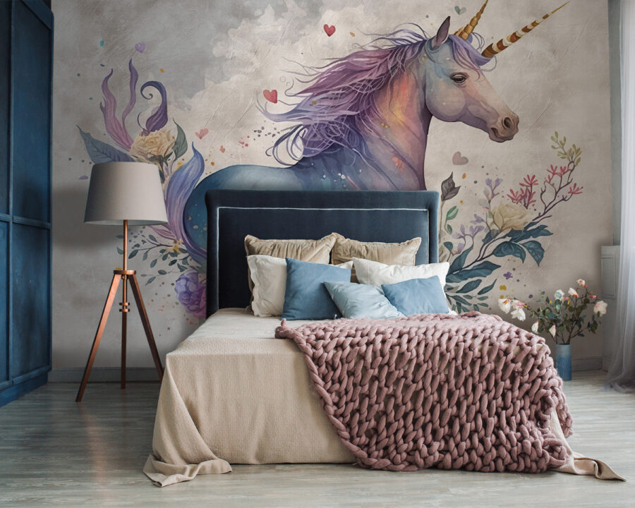 Wall murals A unicorn with flowers and leaves - Image 3