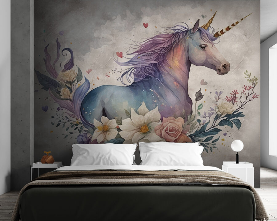 Wall murals A unicorn with flowers and leaves - Image 2
