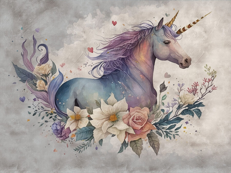 A unicorn with flowers and leaves