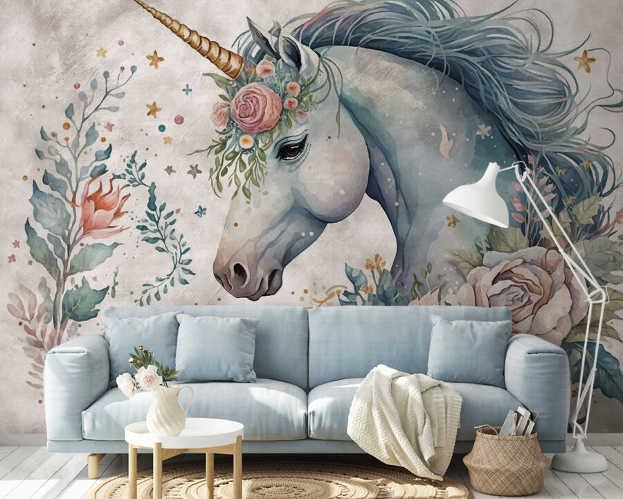 Unicorn with flowers and leaves