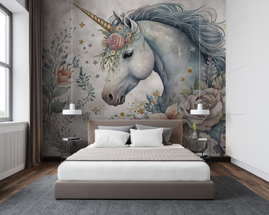 Unicorn with flowers and leaves