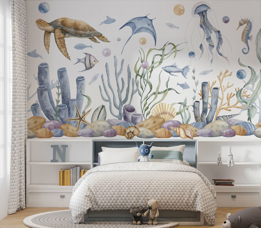 Sea life with fish and seaweed