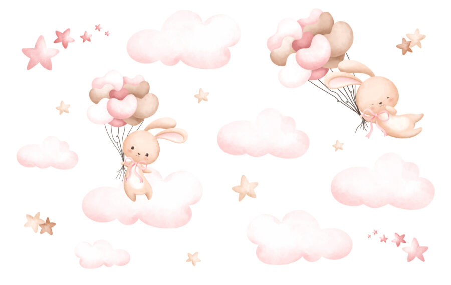 Group of pink clouds and a bunny holding balloons Group of pink clouds and a bunny holding balloons