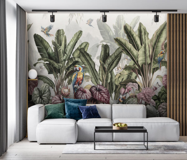 Wallpaper with tropical plants and birds Wallpaper with tropical plants and birds