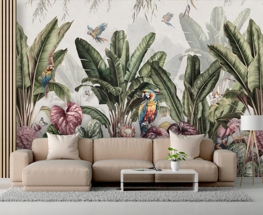 Wallpaper with tropical plants and birds