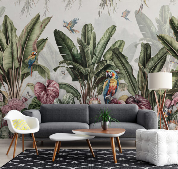 Wallpaper with tropical plants and birds Wallpaper with tropical plants and birds