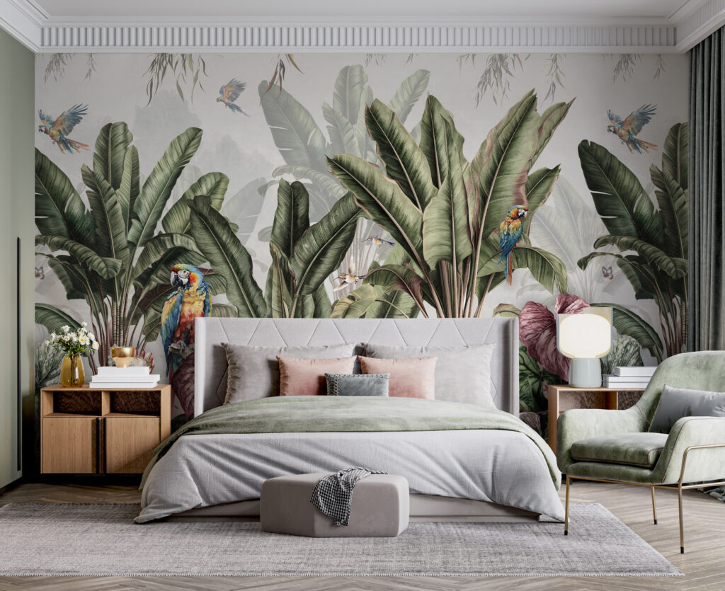 Wallpaper with tropical plants and birds