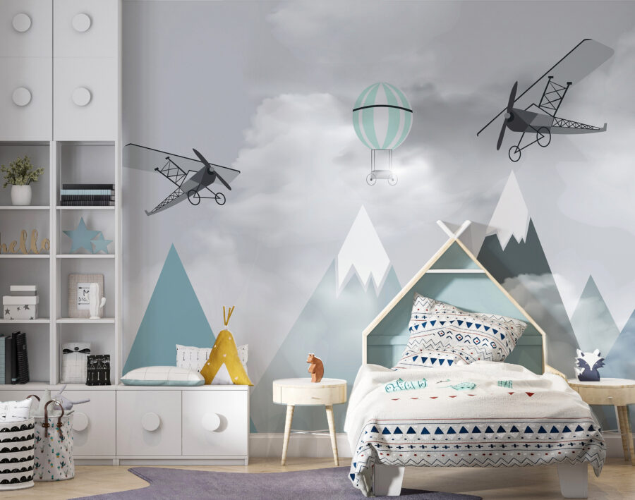 Wall murals Helicopter flying over mountains