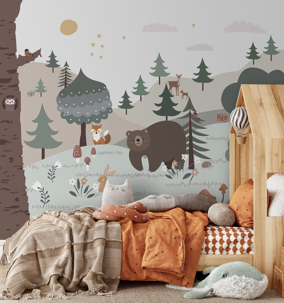 Cartoon of a bear and rabbit in a forest Cartoon of a bear and rabbit in a forest