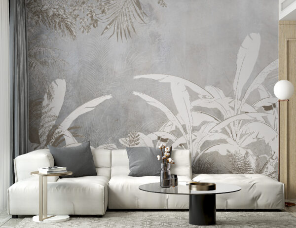 White and grey wallpaper with leaves