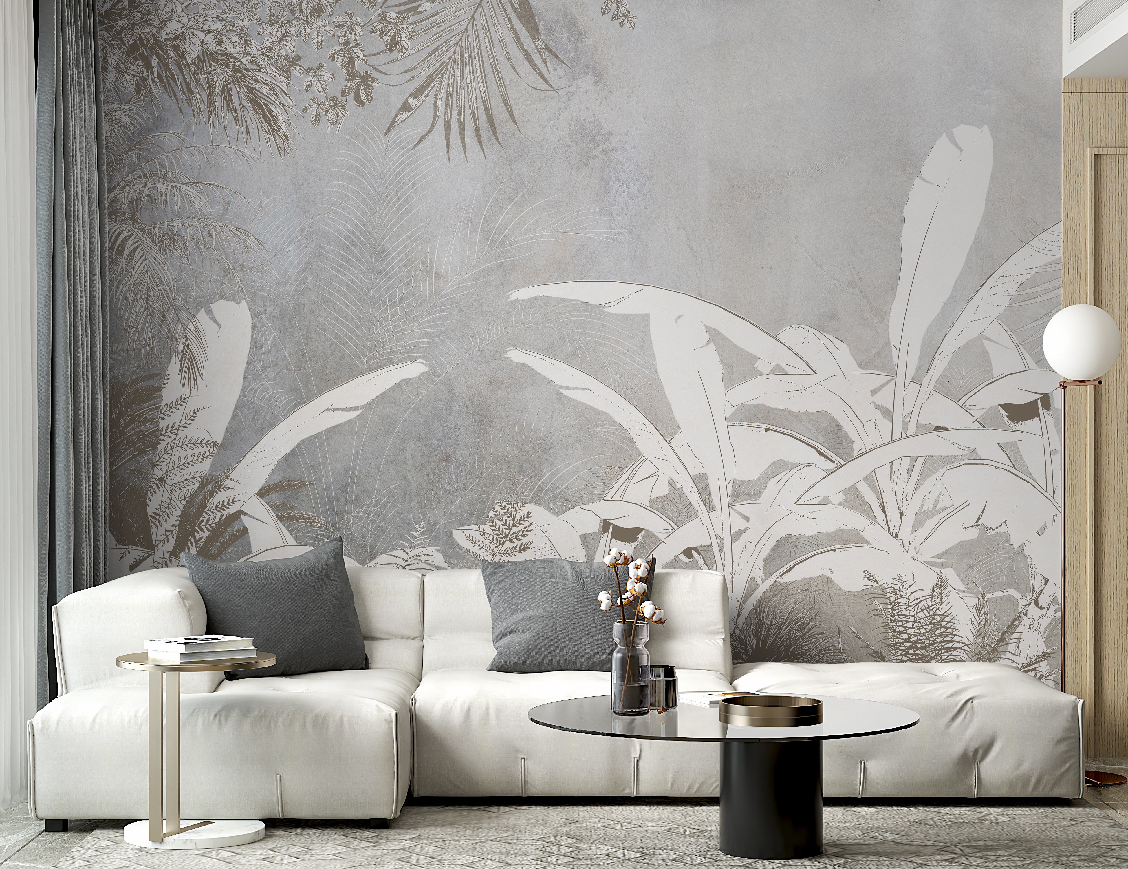 u95364pig2m - White and grey wallpaper with plants - tegory