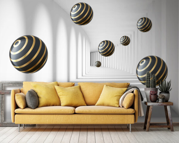 Striped spheres float in white corridor. Striped spheres float in white corridor.