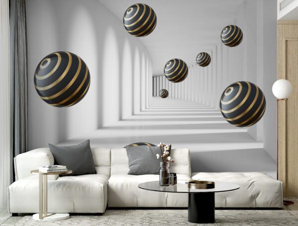 Striped spheres float in white corridor. Striped spheres float in white corridor.