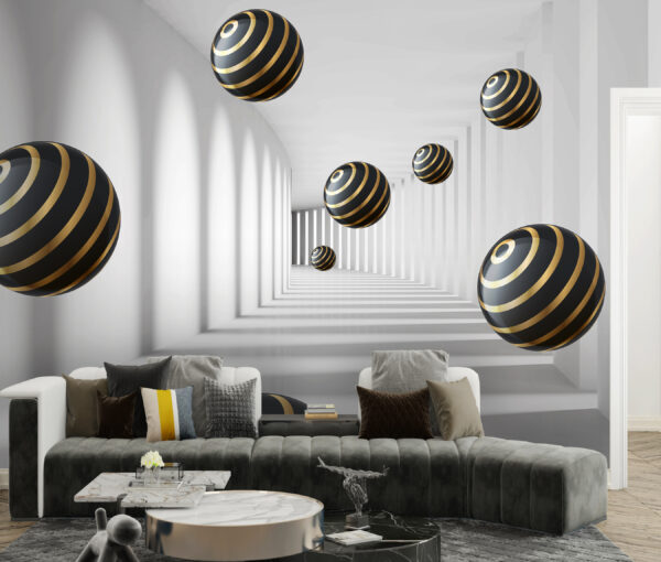 Striped spheres float in white corridor. Striped spheres float in white corridor.