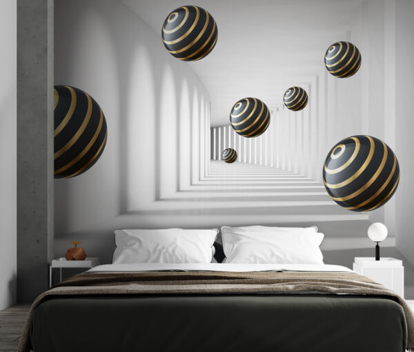 Striped spheres float in white corridor. Striped spheres float in white corridor.