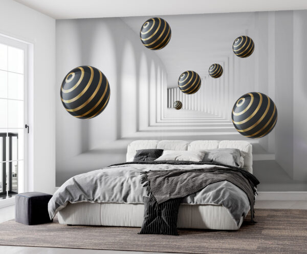 Striped spheres float in white corridor. Striped spheres float in white corridor.