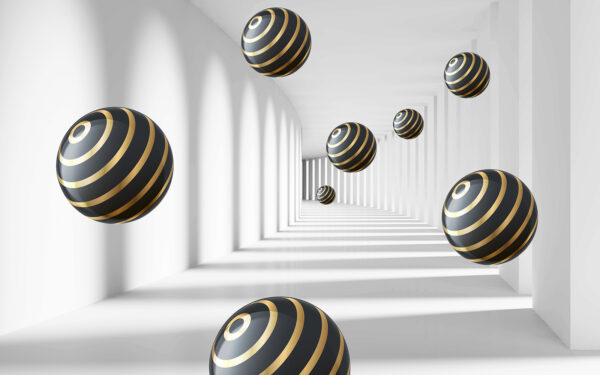 Striped spheres float in white corridor. Striped spheres float in white corridor.