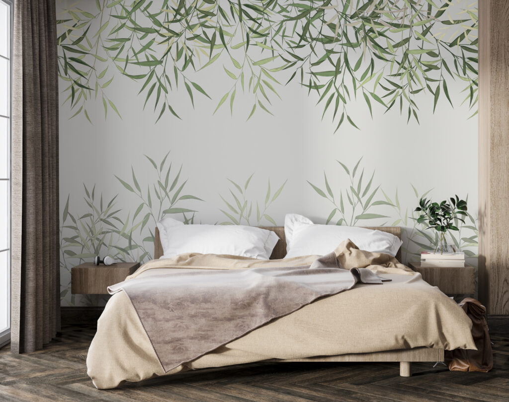 Delicate bamboo leaves on soft background