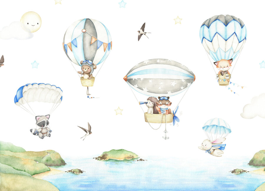 Group of animals in hot air balloons