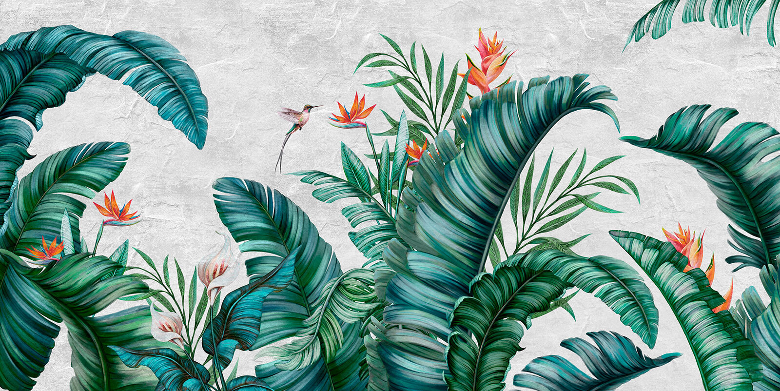 Tropical foliage with vibrant flowers