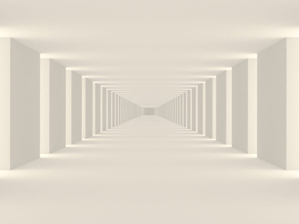 Long white room with columns