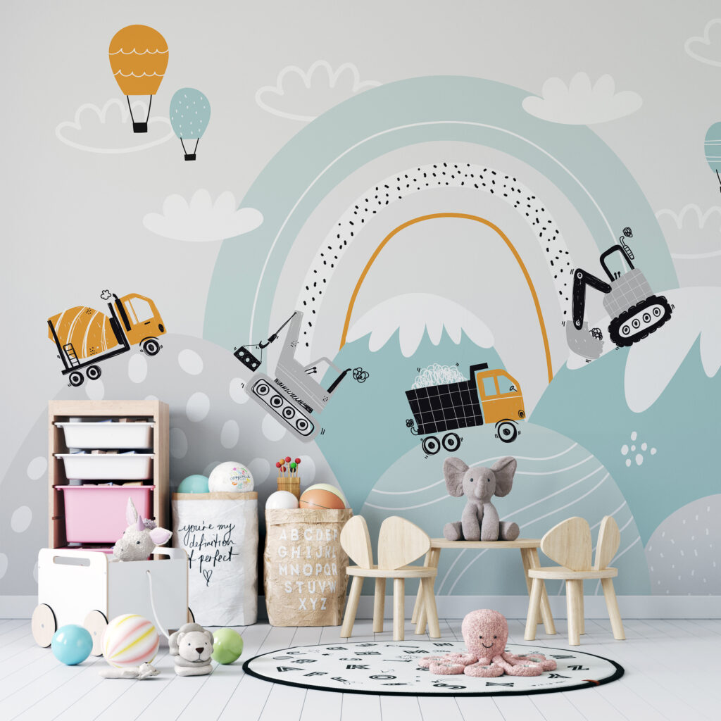 Cartoon of vehicles and a rainbow