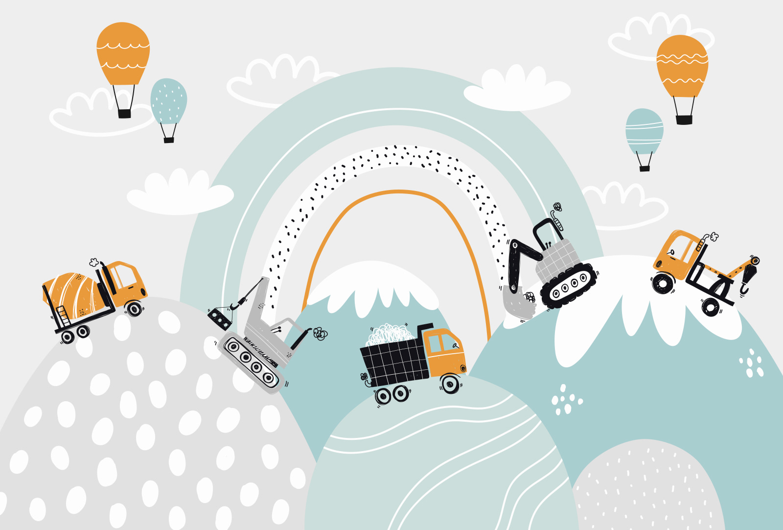 Cartoon of vehicles and a rainbow