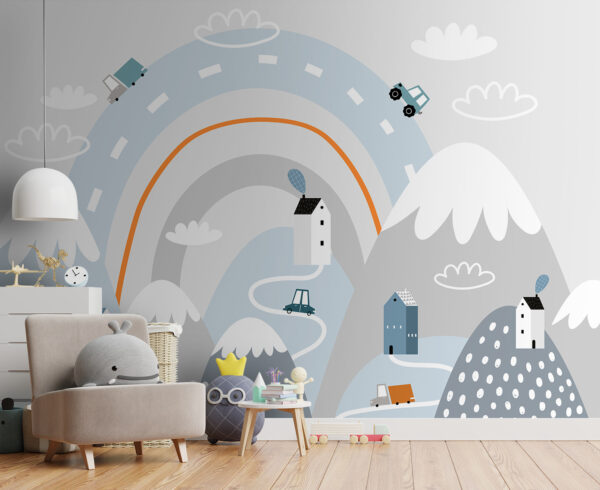 Cartoon of a road with houses and rainbow Cartoon of a road with houses and rainbow