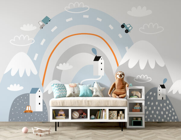 Cartoon of a road with houses and rainbow Cartoon of a road with houses and rainbow