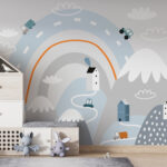 Wall murals Cartoon of a road with houses and rainbow