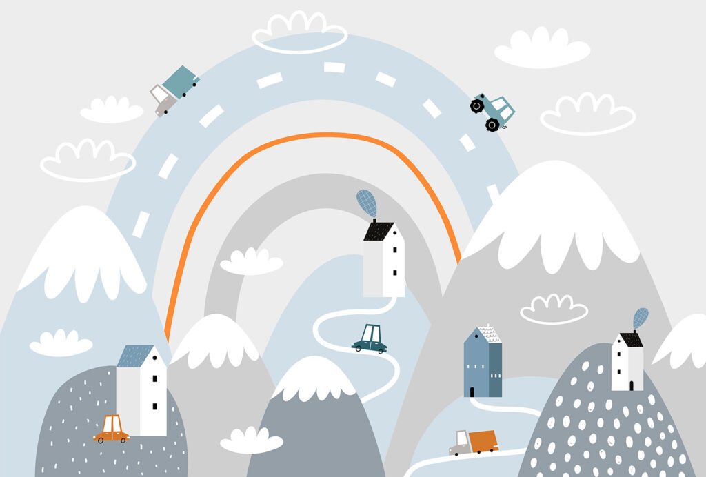 Cartoon of a road with houses and rainbow Cartoon of a road with houses and rainbow