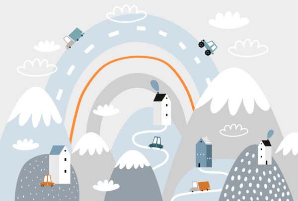 Cartoon of a road with houses and rainbow Cartoon of a road with houses and rainbow